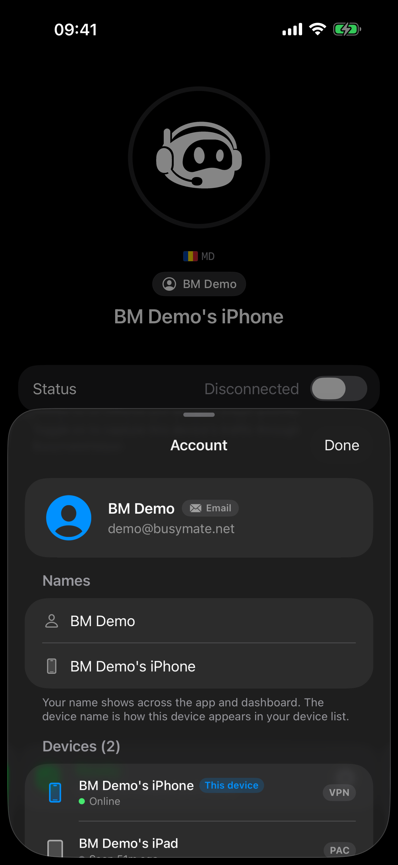 Busymate Helper account & sync screen on iPhone