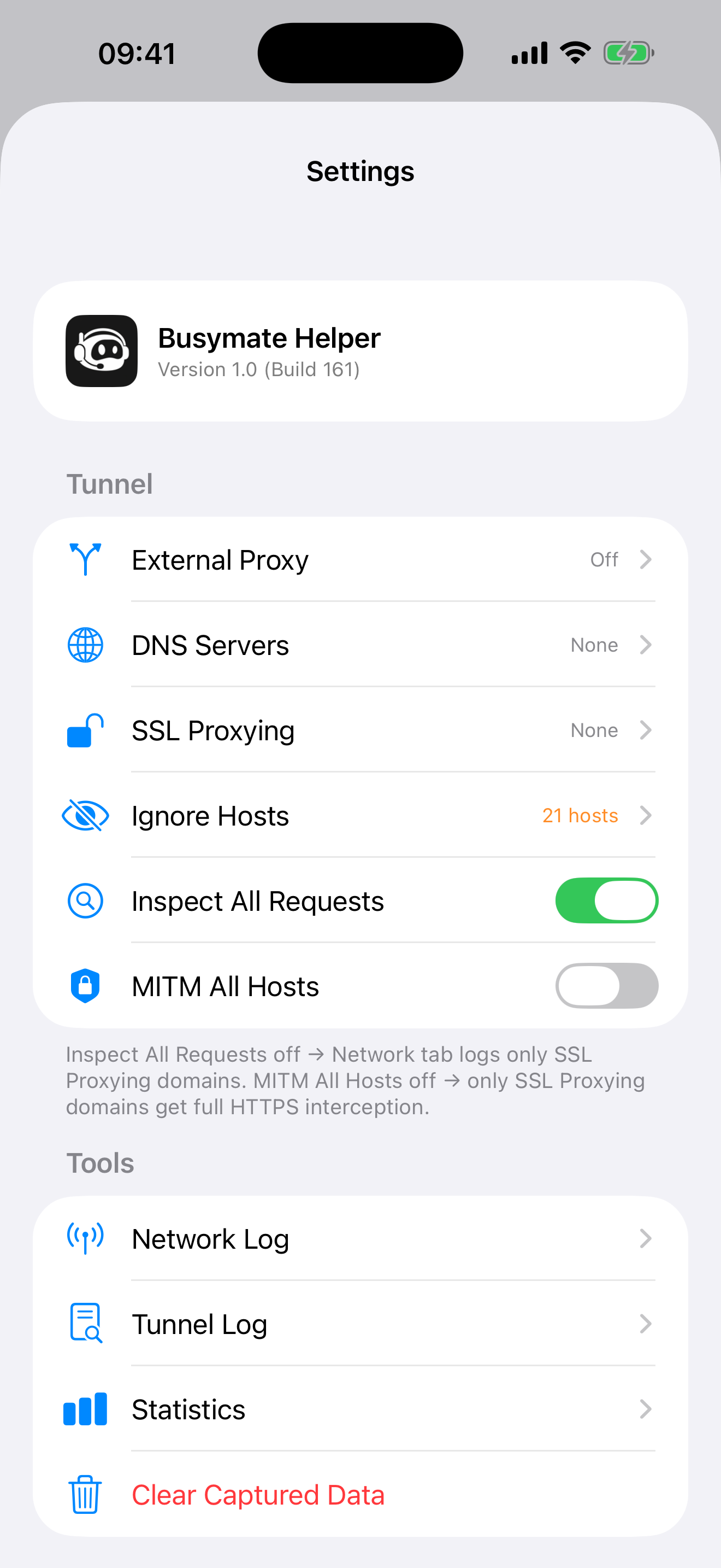 Busymate Helper SSL-proxy domain settings on iPhone