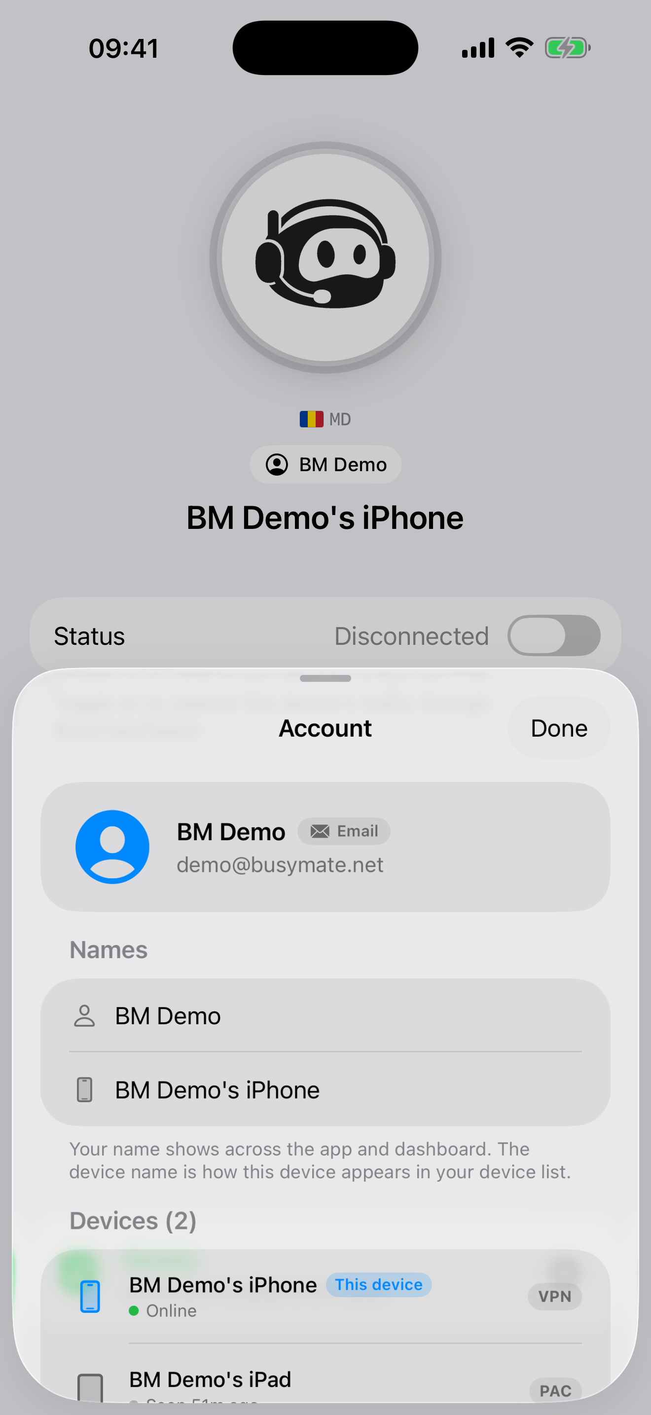Busymate Helper account & sync screen on iPhone